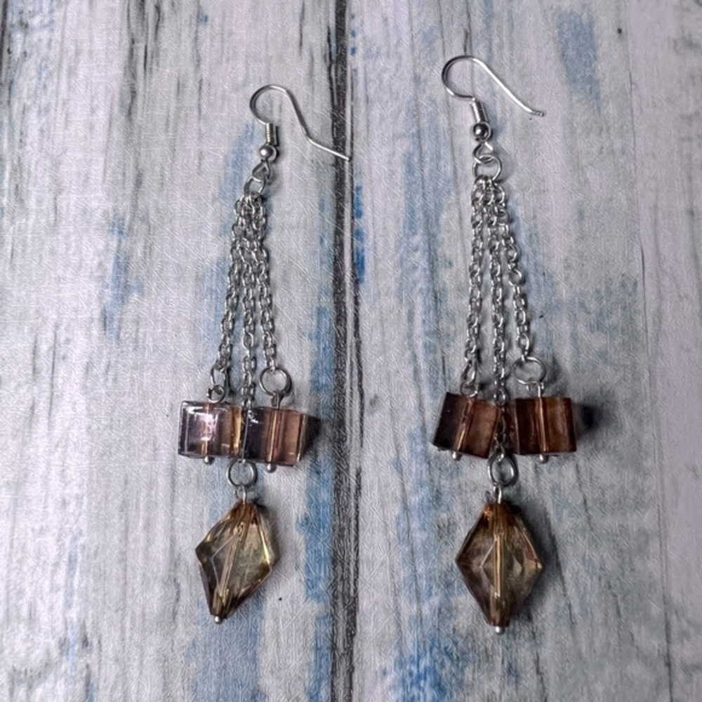 Vintage dangle earrings silver tone chain with Amber colored beads